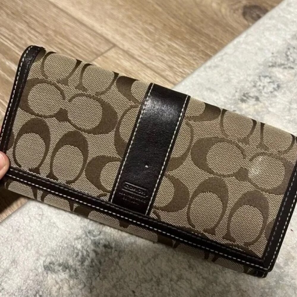 COACH SIGNATURE MONOGRAM CANVAS LEATHER TRIFOLD WALLET